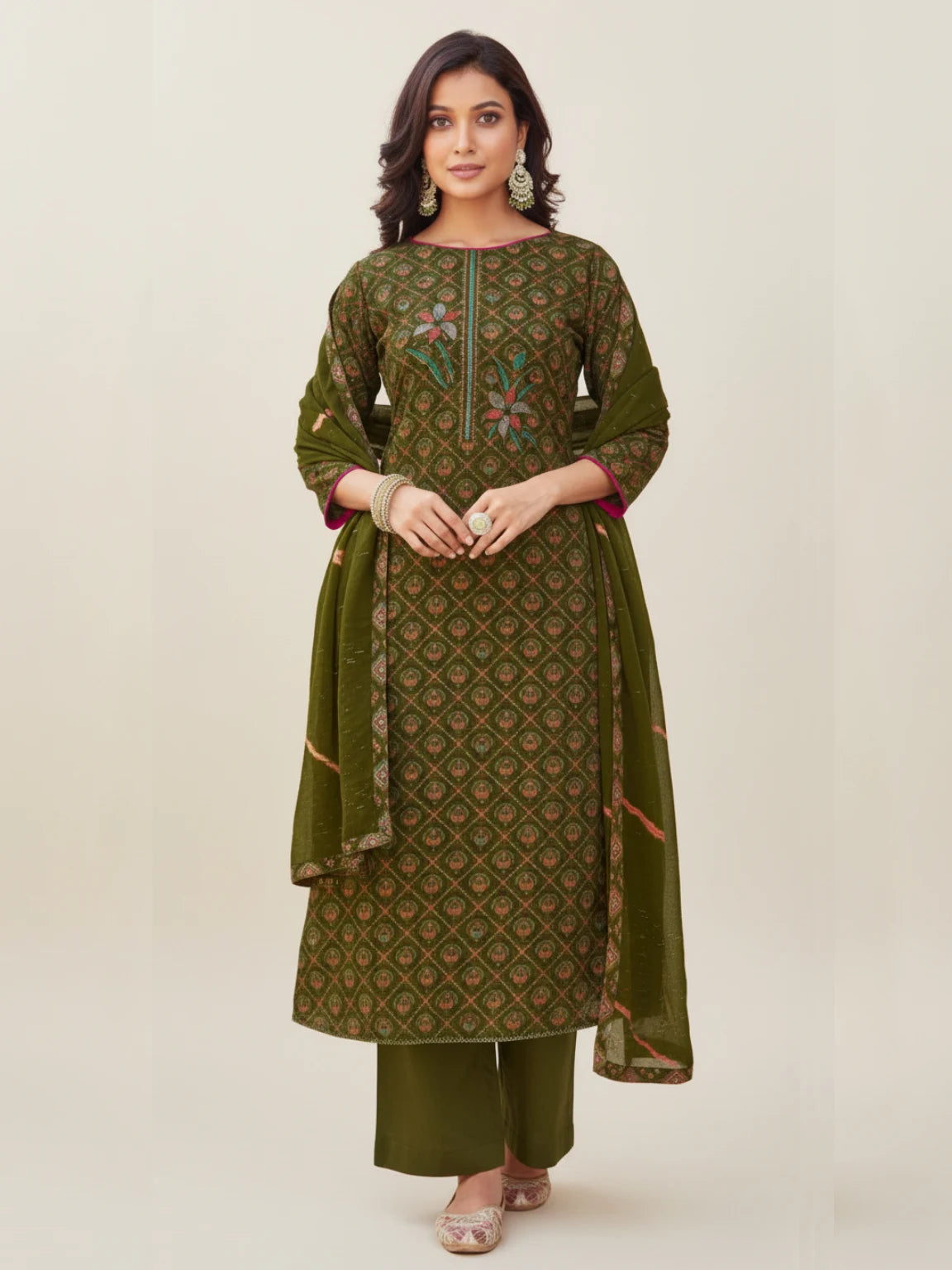 Olive Royale Embroidered  Unstitched Suit Set