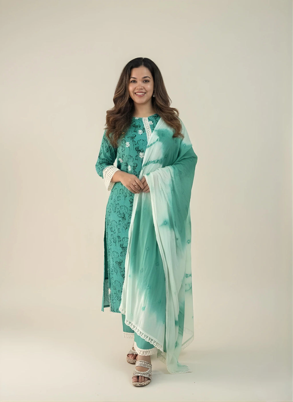Serene Waves – Muted Aqua Viscose Silk 3-Piece Kurti Set