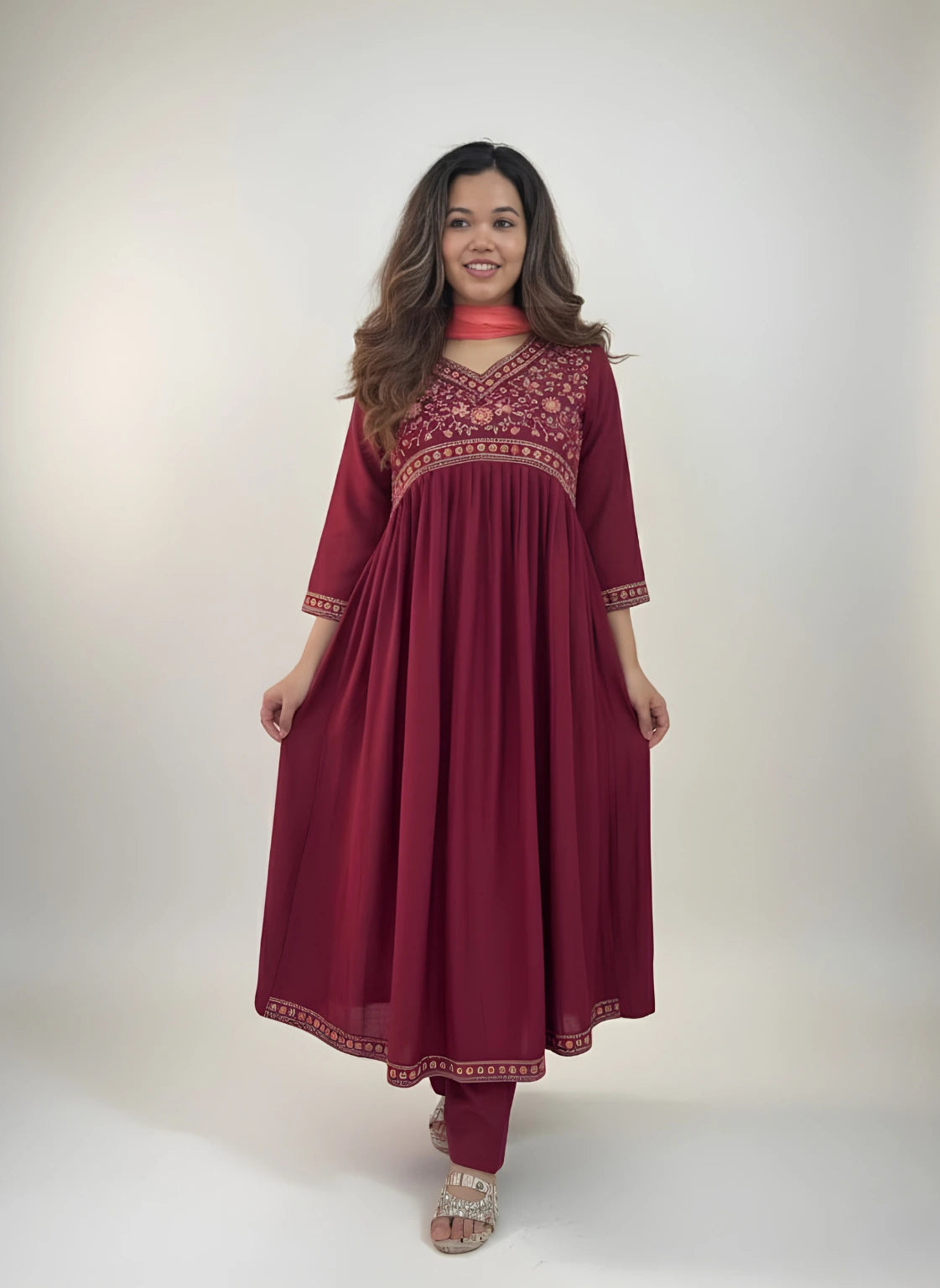 Regal Bloom – Mahogany Cotton 3-Piece Kurti Set