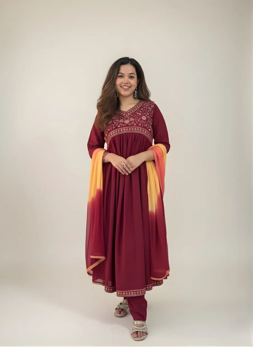 Regal Bloom – Mahogany Cotton 3-Piece Kurti Set