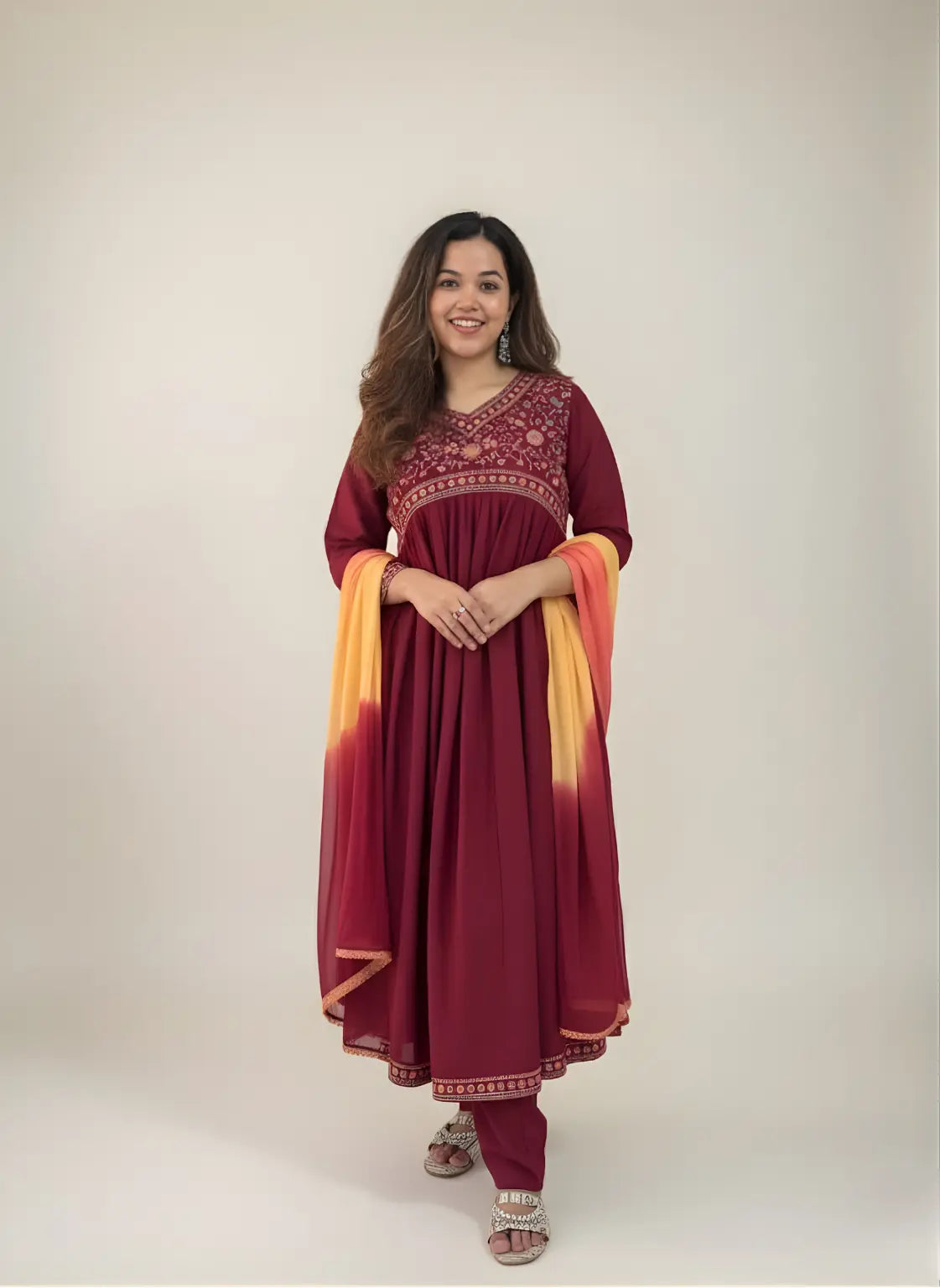 Regal Bloom – Mahogany Cotton 3-Piece Kurti Set