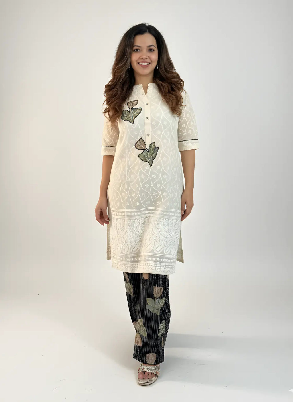 Off-White Embroidered Cotton Kurti Set