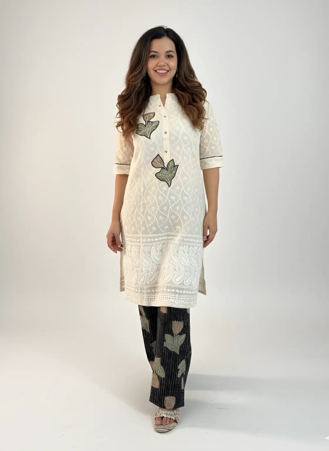 Off-White Embroidered Cotton Kurti Set