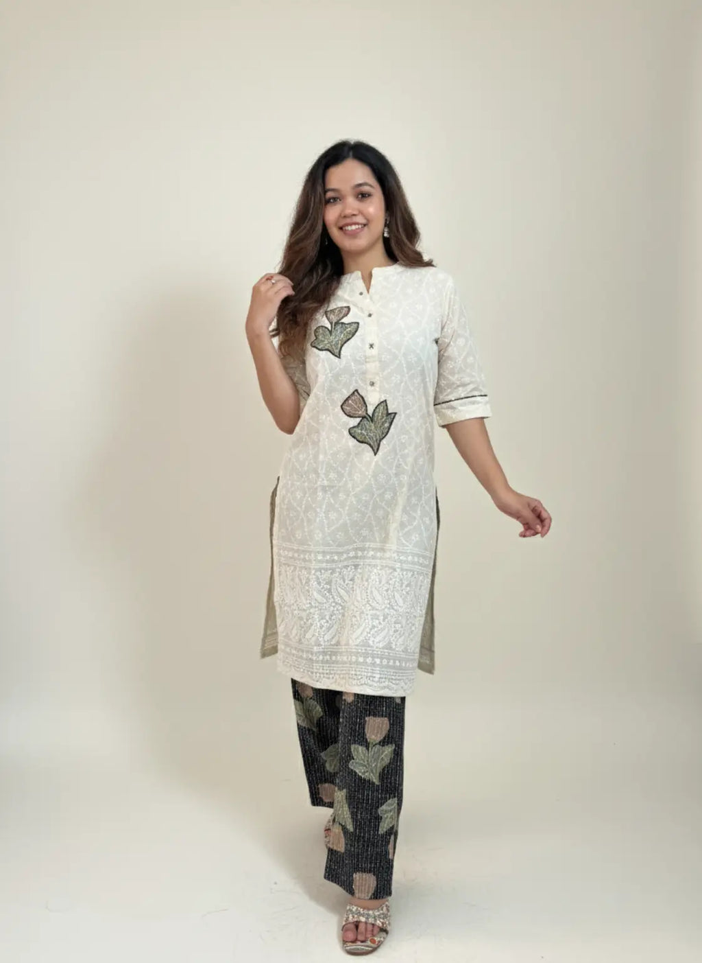 Off-White Embroidered Cotton Kurti Set