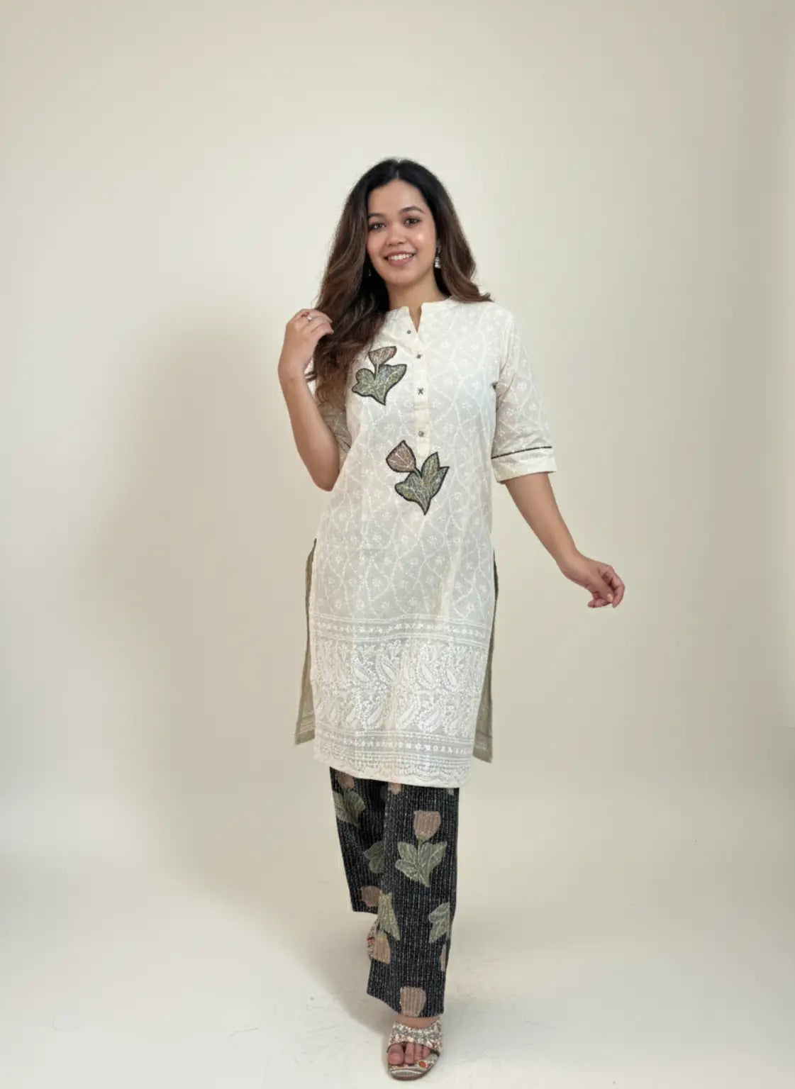 Off-White Embroidered Cotton Kurti Set