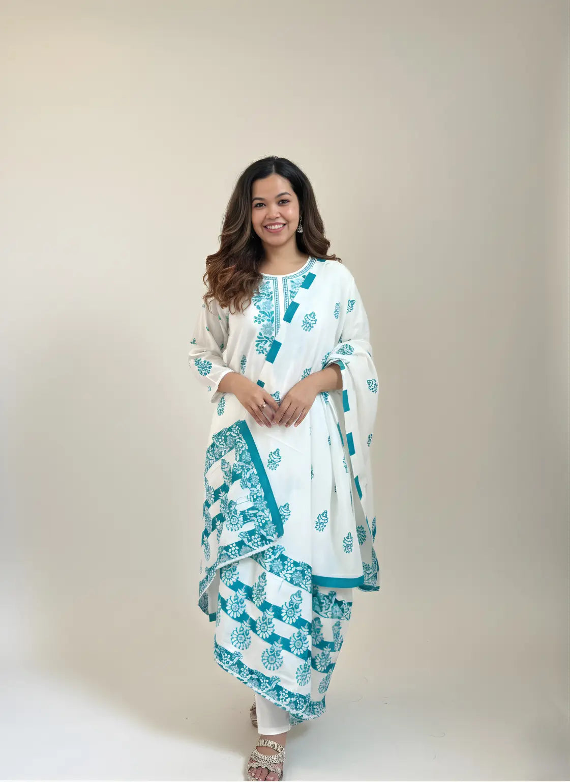 White Silk Kurti Set with Teal Embroidery & Dupatta (3-Piece)