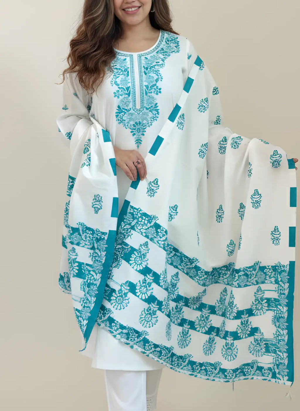 White Silk Kurti Set with Teal Embroidery & Dupatta (3-Piece)