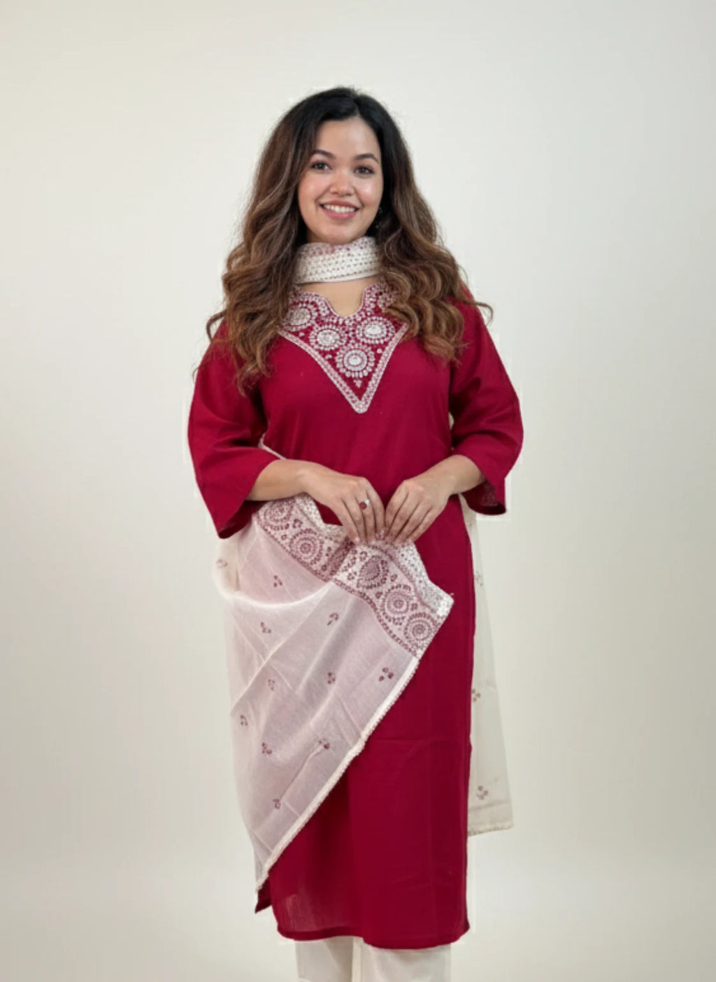 Red Linen Flex Cotton Kurti Set with Embroidery (3-Piece)