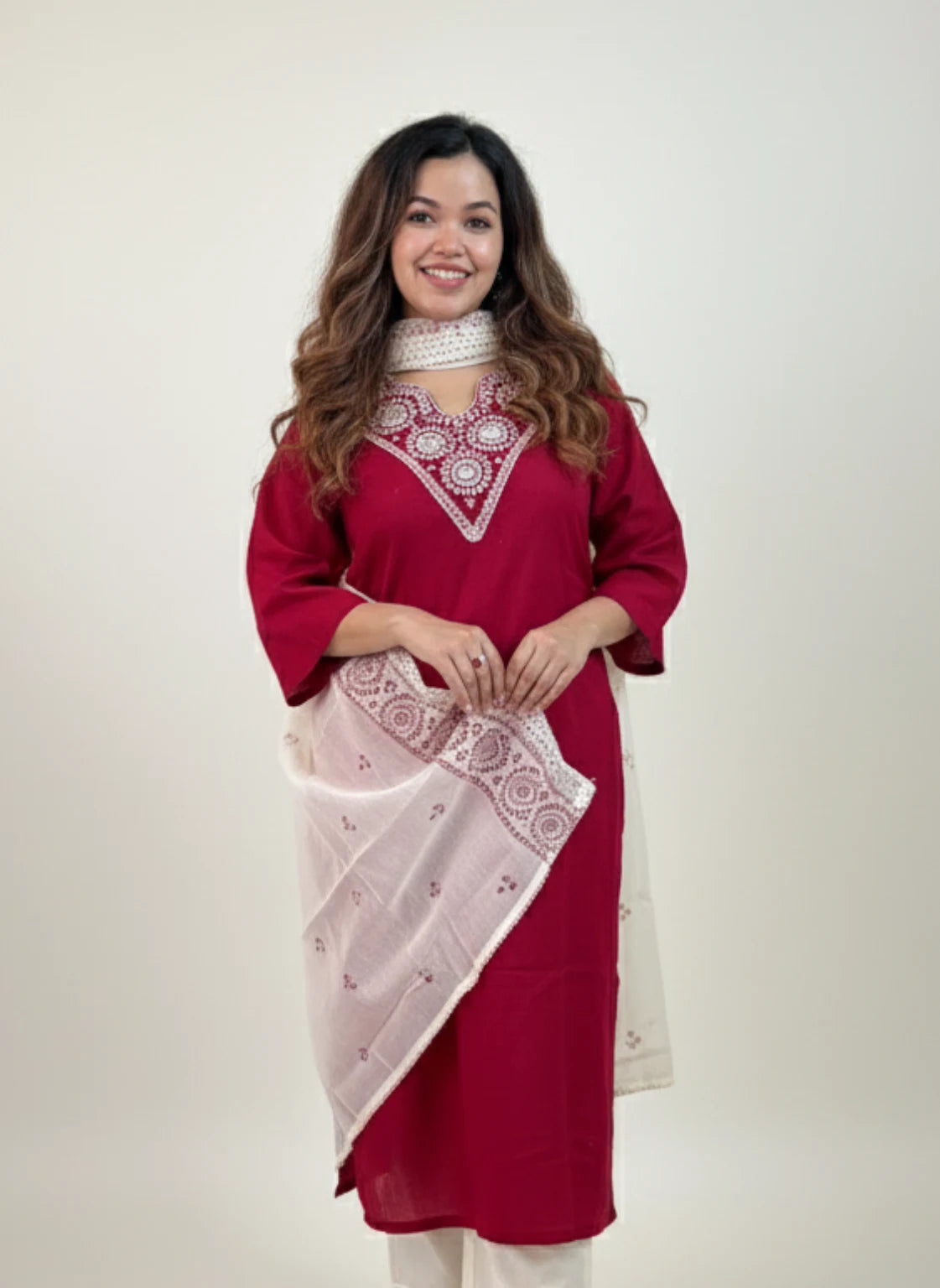 Red Linen Flex Cotton Kurti Set with Embroidery (3-Piece)