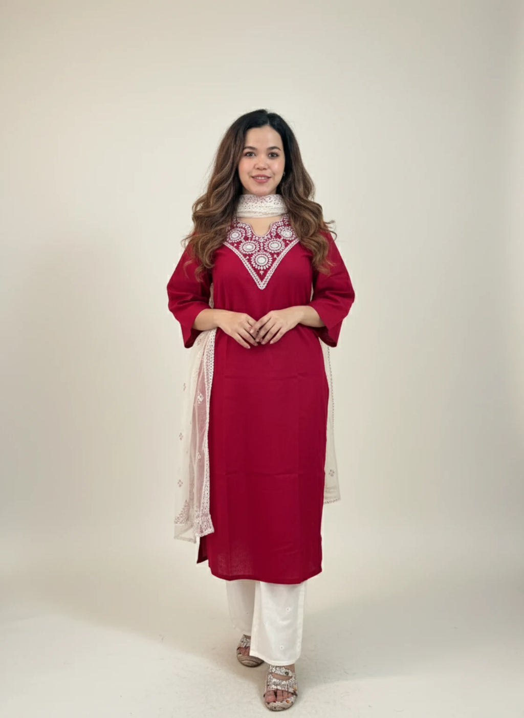 Red Linen Flex Cotton Kurti Set with Embroidery (3-Piece)