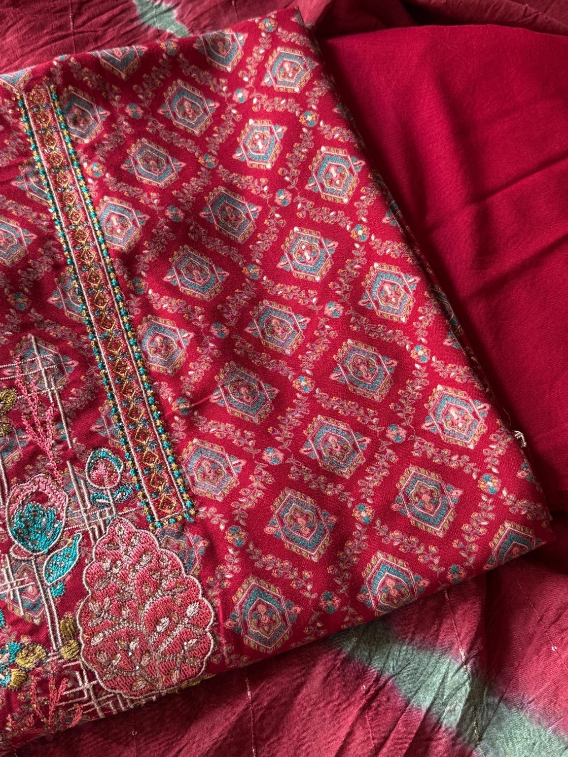 Maroon Majesty Embroidered  Unstitched  Suit Set