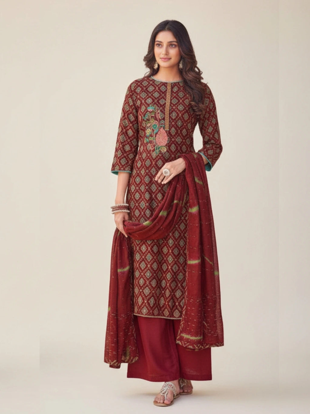 Maroon Majesty Embroidered  Unstitched  Suit Set