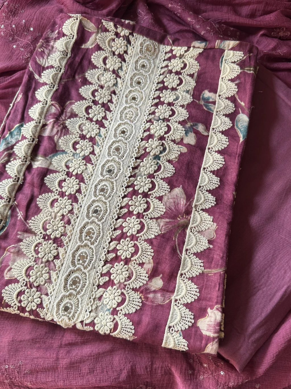 Lavender Bloom Lace Unstitched Suit Set