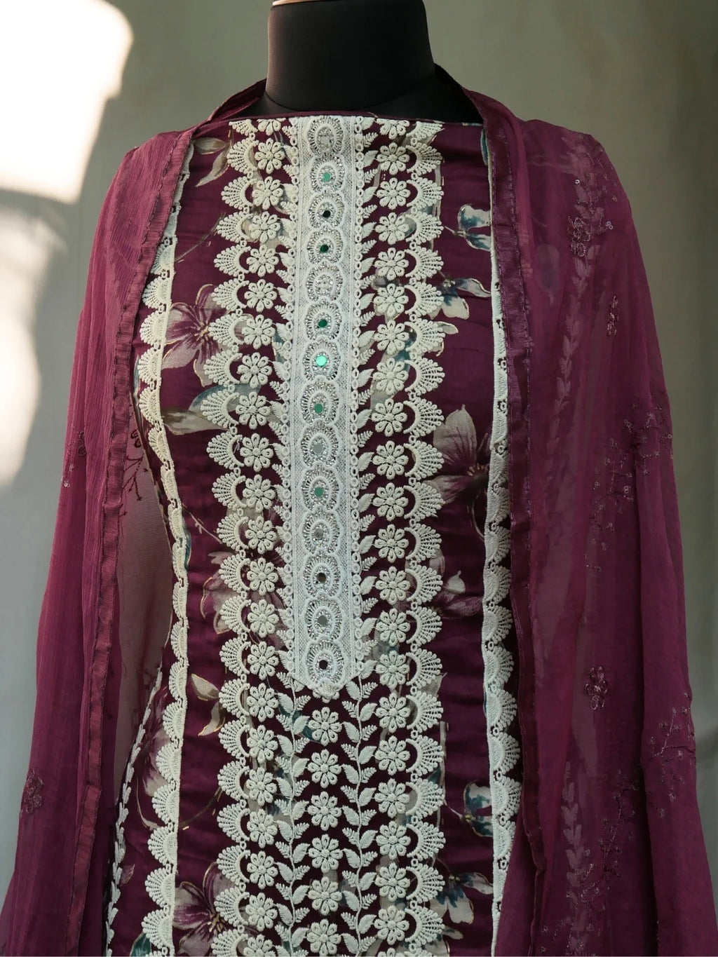Lavender Bloom Lace Unstitched Suit Set