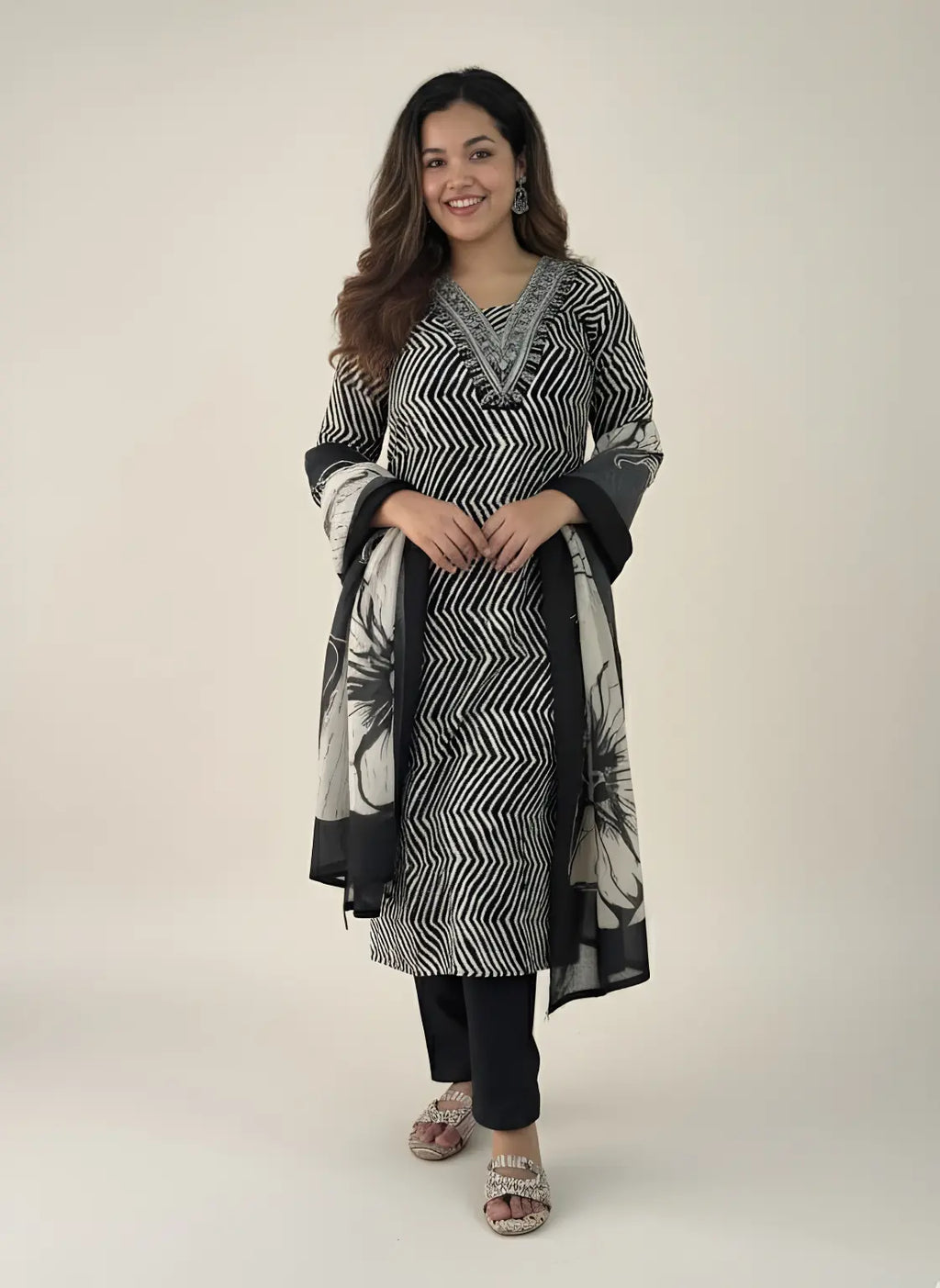 Black & Beige Cotton Kurti Set with Embroidery (3-Piece)