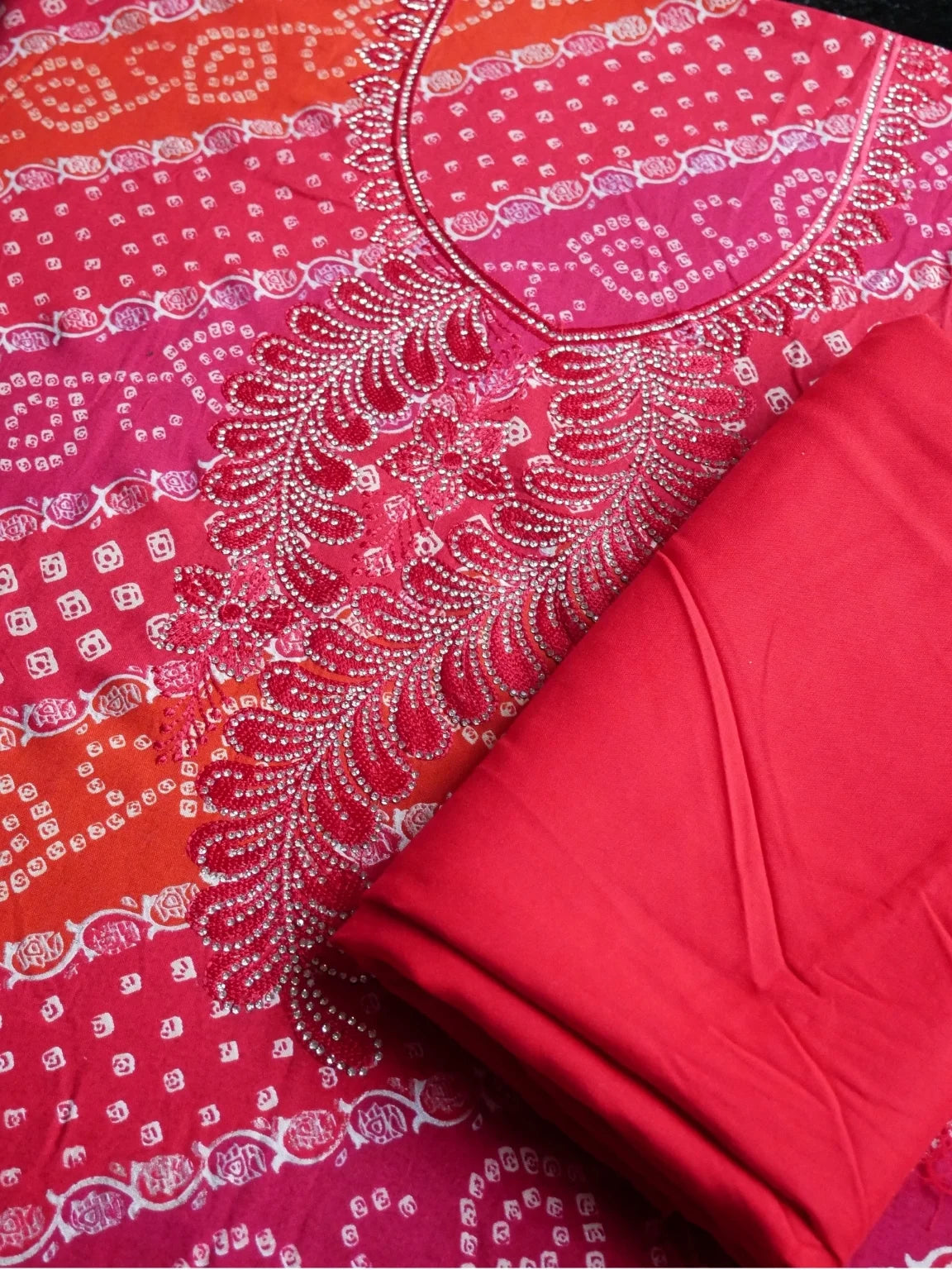 Crimson Charm Bandhej Unstitched Suit Set