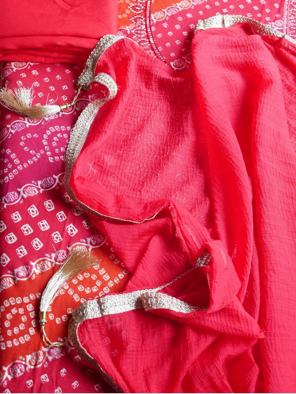 Crimson Charm Bandhej Unstitched Suit Set
