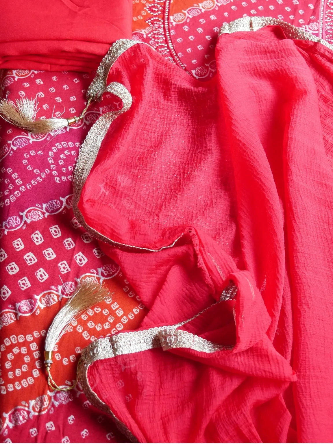 Crimson Charm Bandhej Unstitched Suit Set