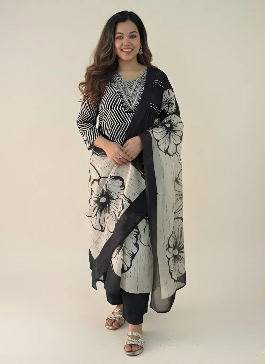 Black & Beige Cotton Kurti Set with Embroidery (3-Piece)