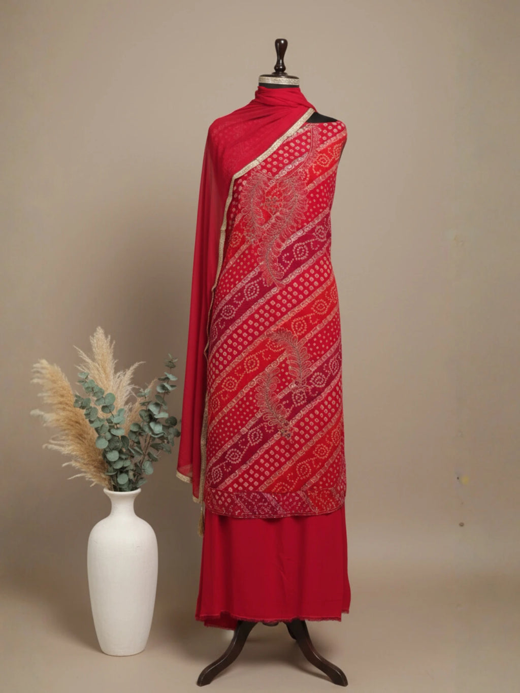 Crimson Charm Bandhej Unstitched Suit Set