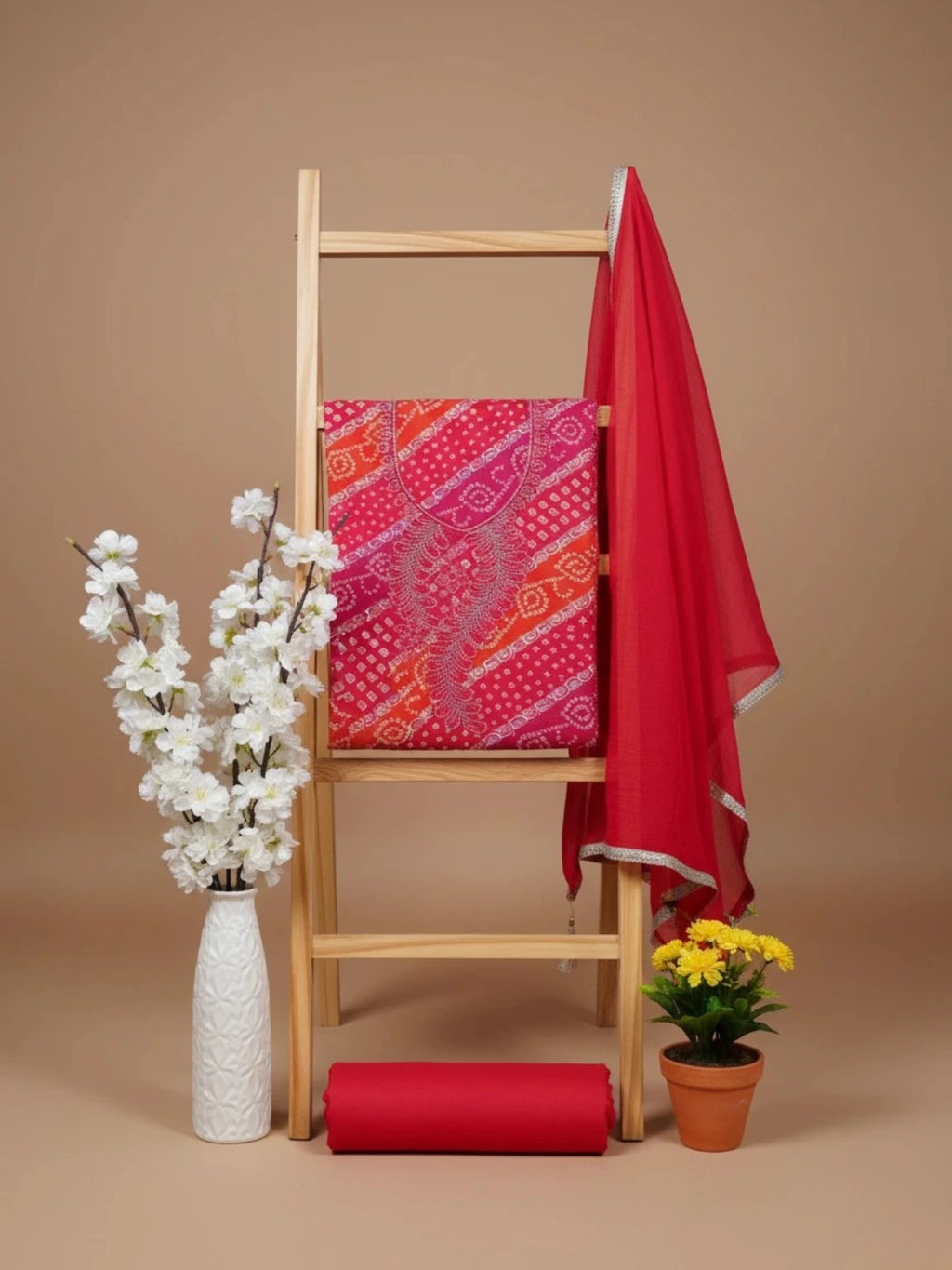 Crimson Charm Bandhej Unstitched Suit Set