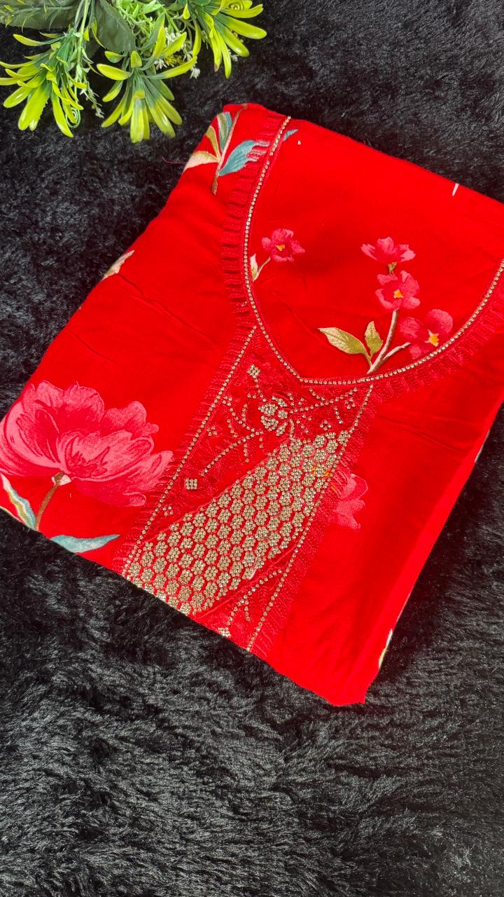 Ruby Blossom Embroidered Unstitched Suit Set