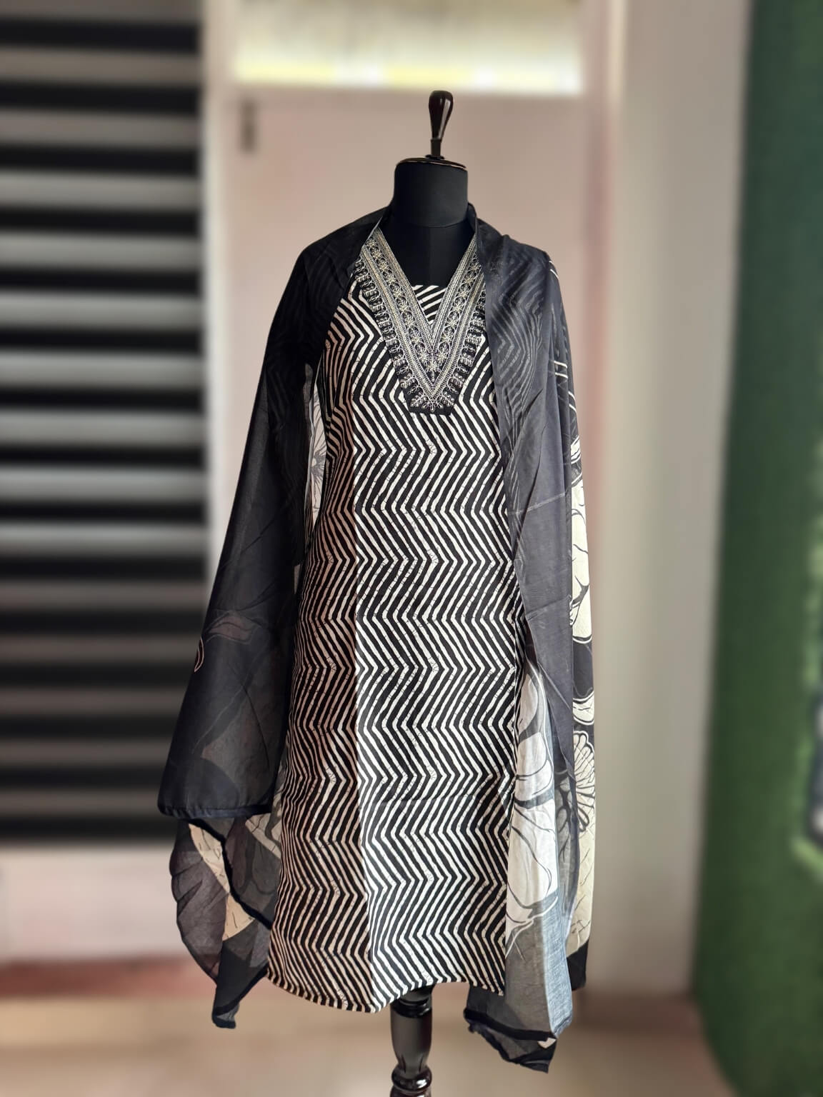 Black & Beige Cotton Kurti Set with Embroidery (3-Piece)