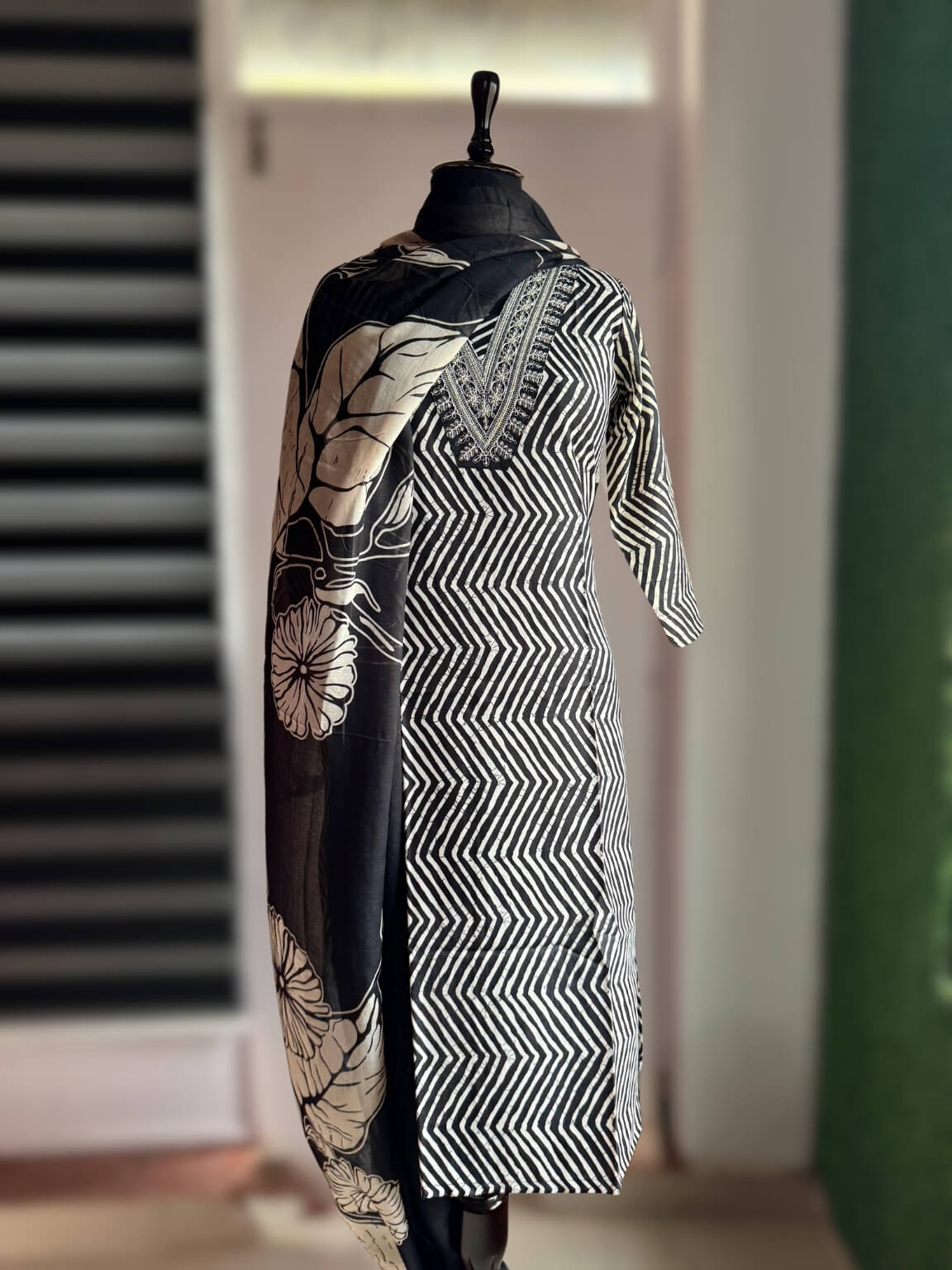 Black & Beige Cotton Kurti Set with Embroidery (3-Piece)