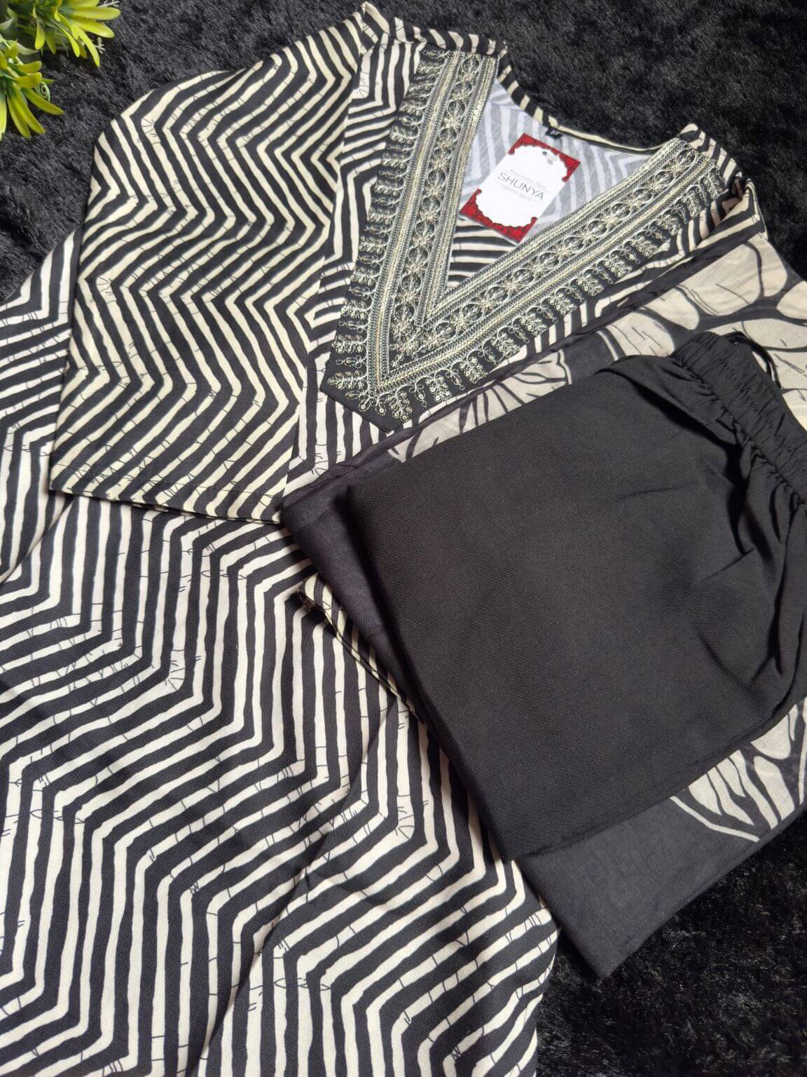 Black & Beige Cotton Kurti Set with Embroidery (3-Piece)