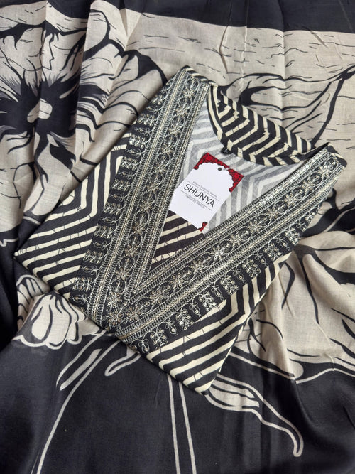 Black & Beige Cotton Kurti Set with Embroidery (3-Piece)