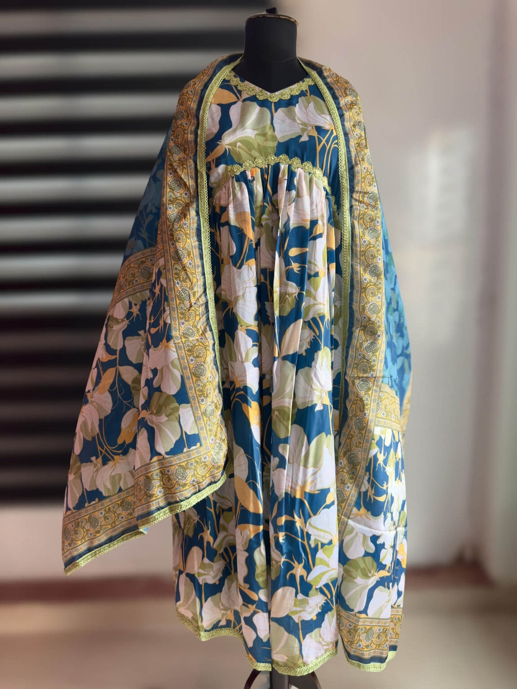 Midnight Elegance – Inkwell Blue Chinon 3-Piece Kurti Set