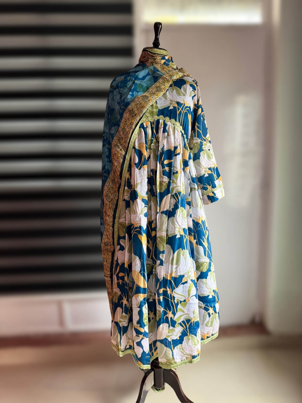 Midnight Elegance – Inkwell Blue Chinon 3-Piece Kurti Set