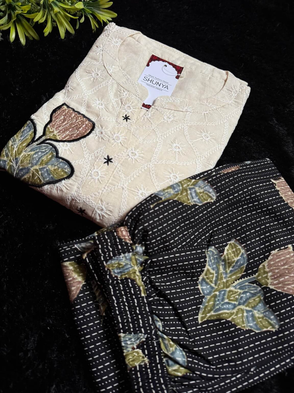 Off-White Embroidered Cotton Kurti Set