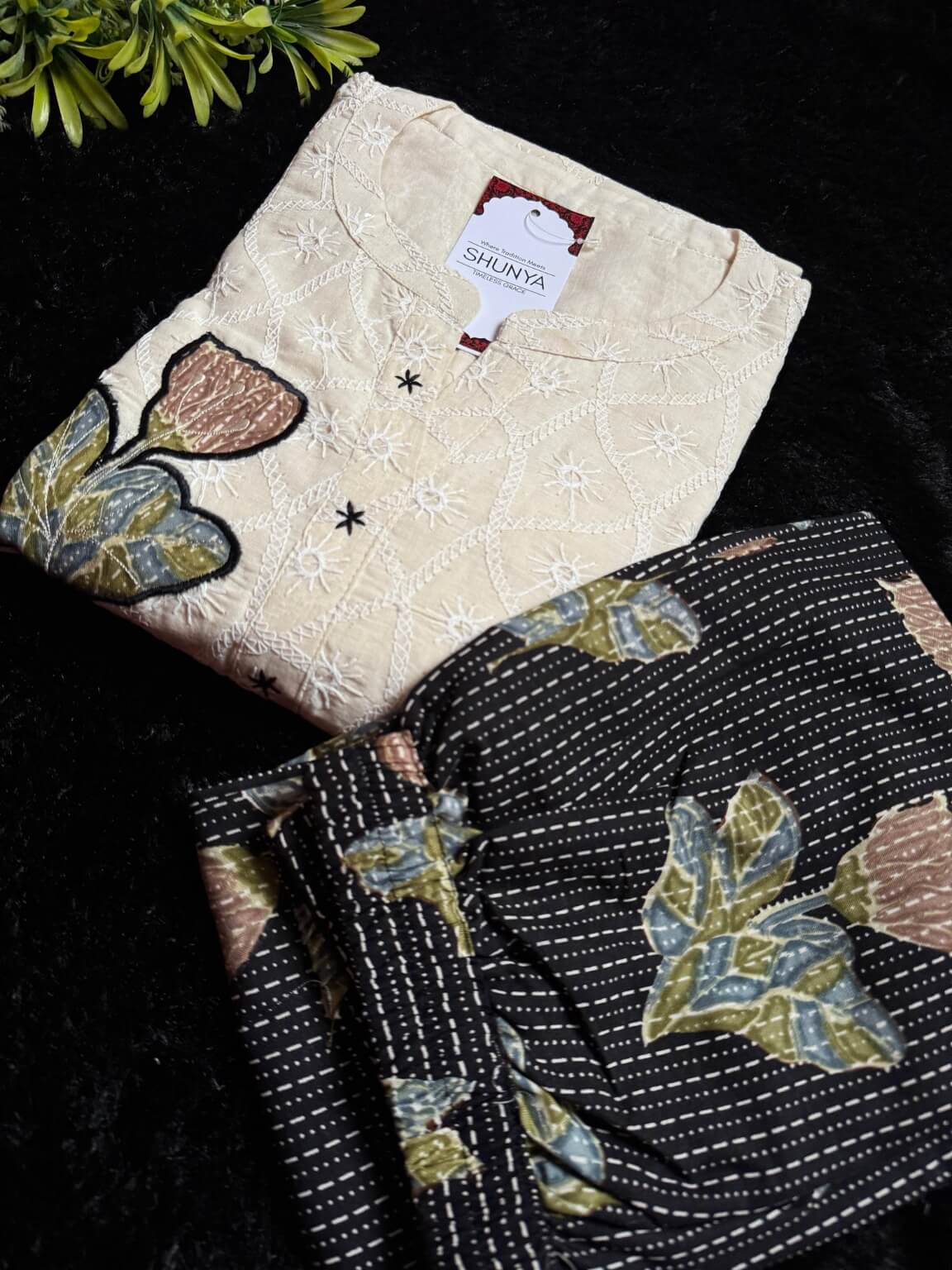 Off-White Embroidered Cotton Kurti Set
