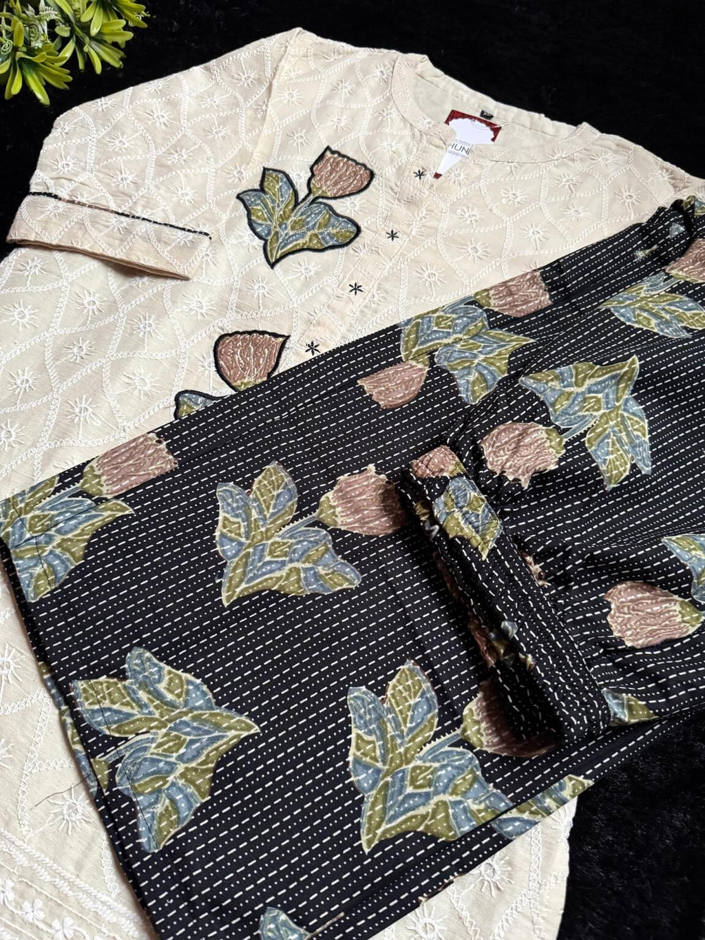 Off-White Embroidered Cotton Kurti Set