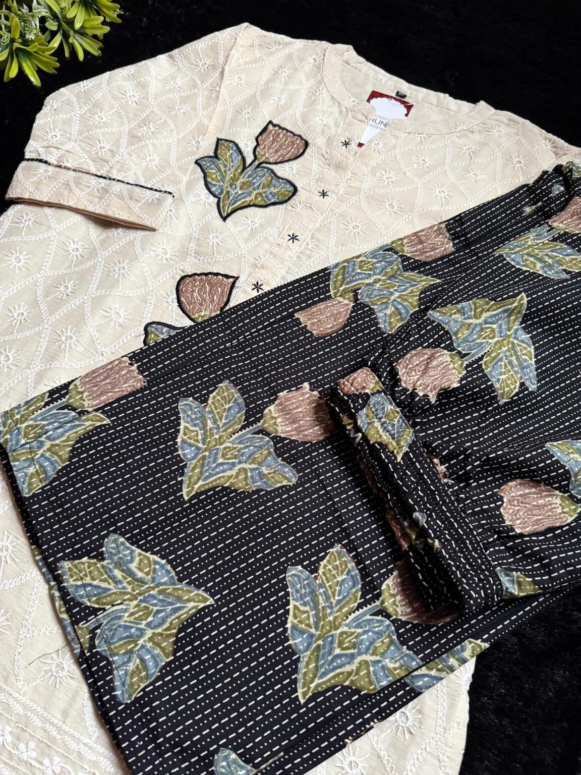 Off-White Embroidered Cotton Kurti Set