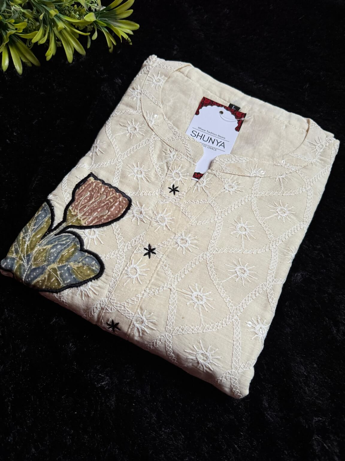 Off-White Embroidered Cotton Kurti Set