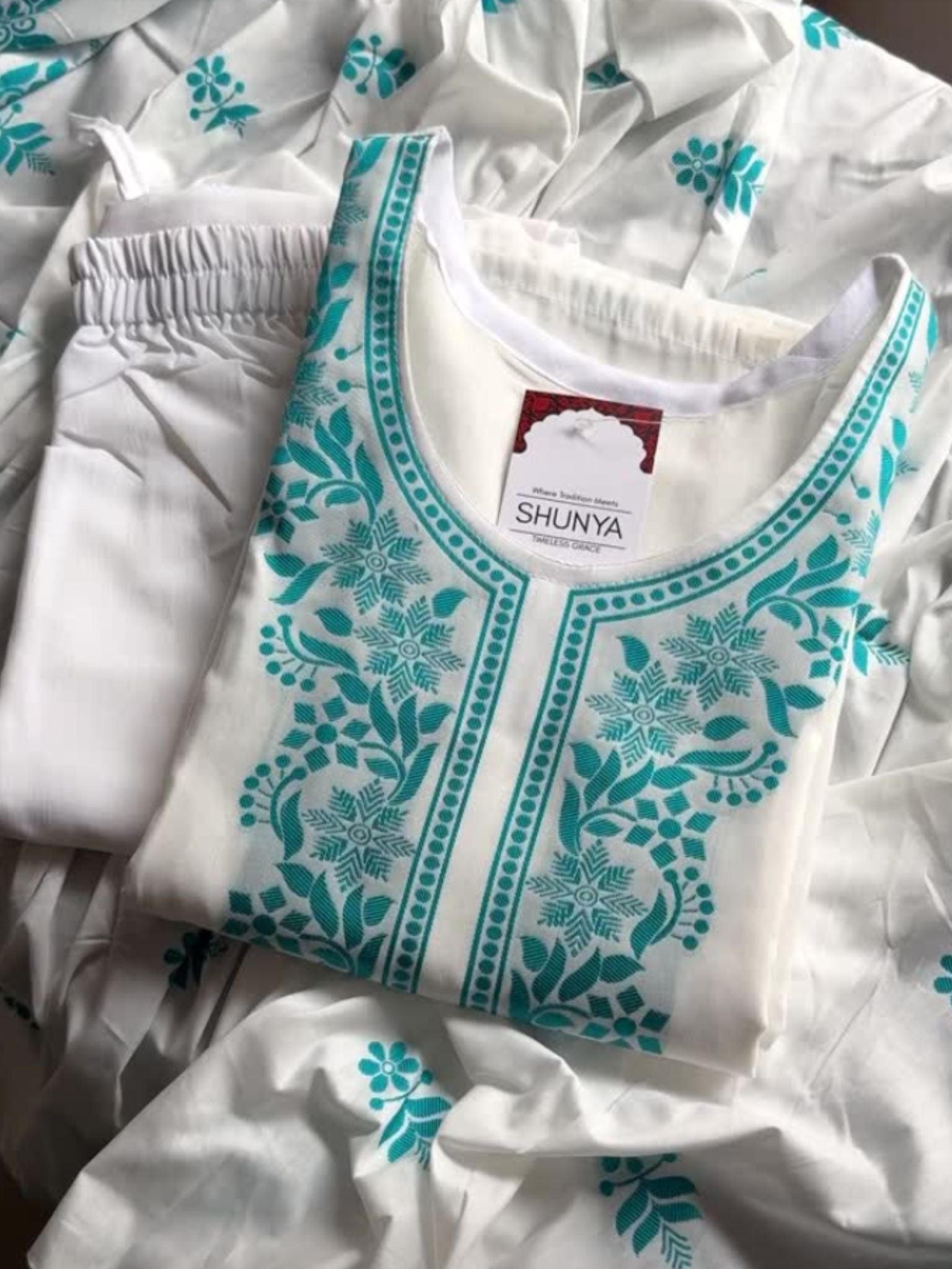 White Silk Kurti Set with Teal Embroidery & Dupatta (3-Piece)
