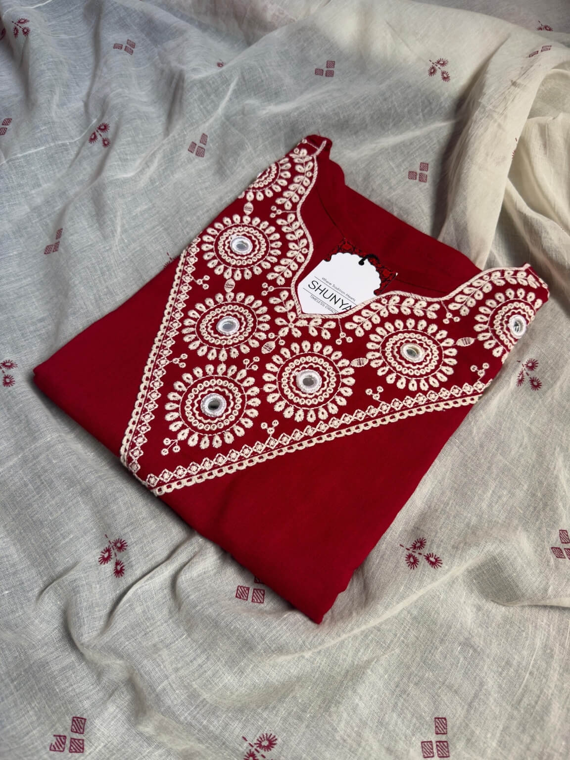 Red Linen Flex Cotton Kurti Set with Embroidery (3-Piece)