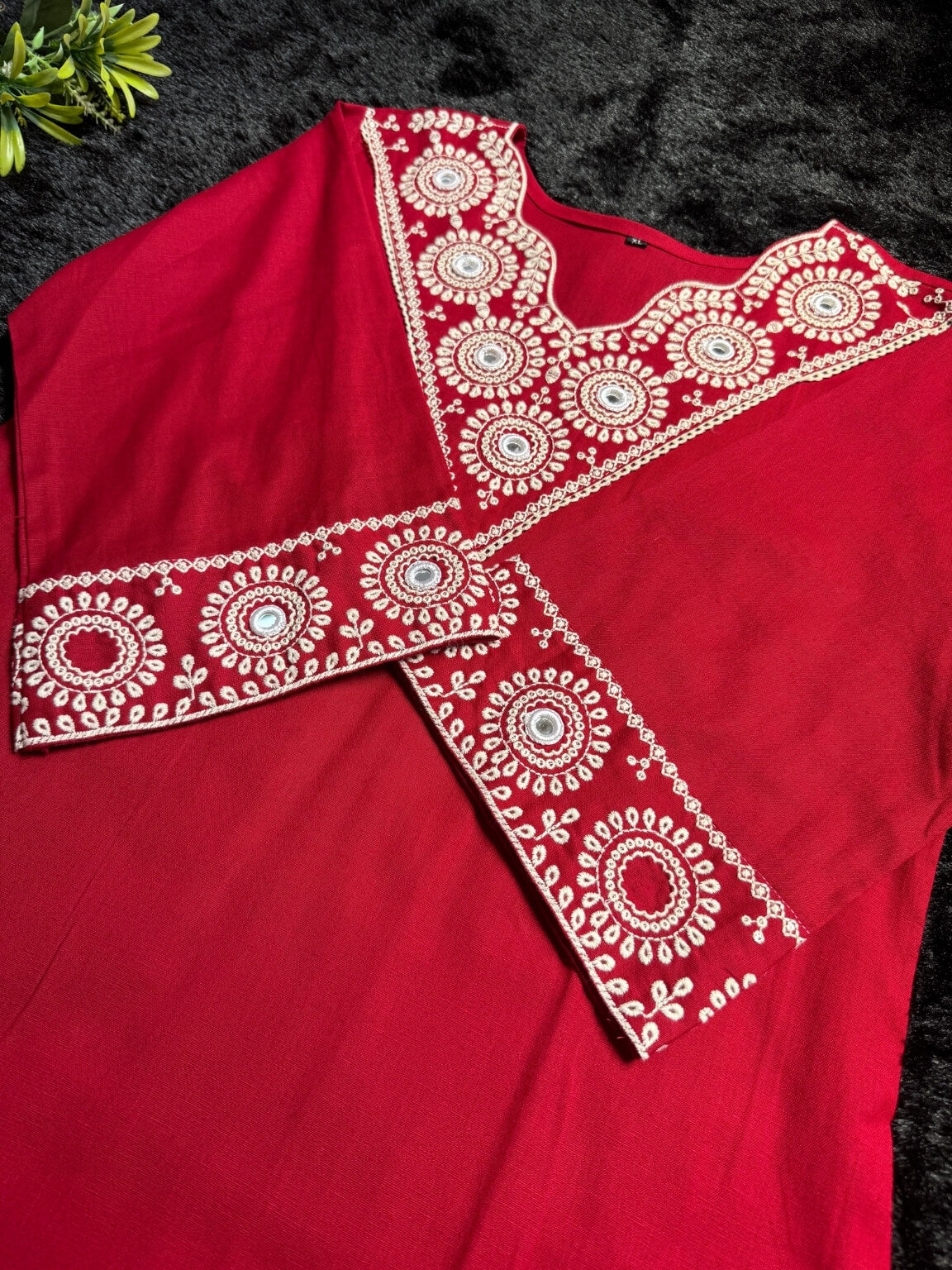 Red Linen Flex Cotton Kurti Set with Embroidery (3-Piece)
