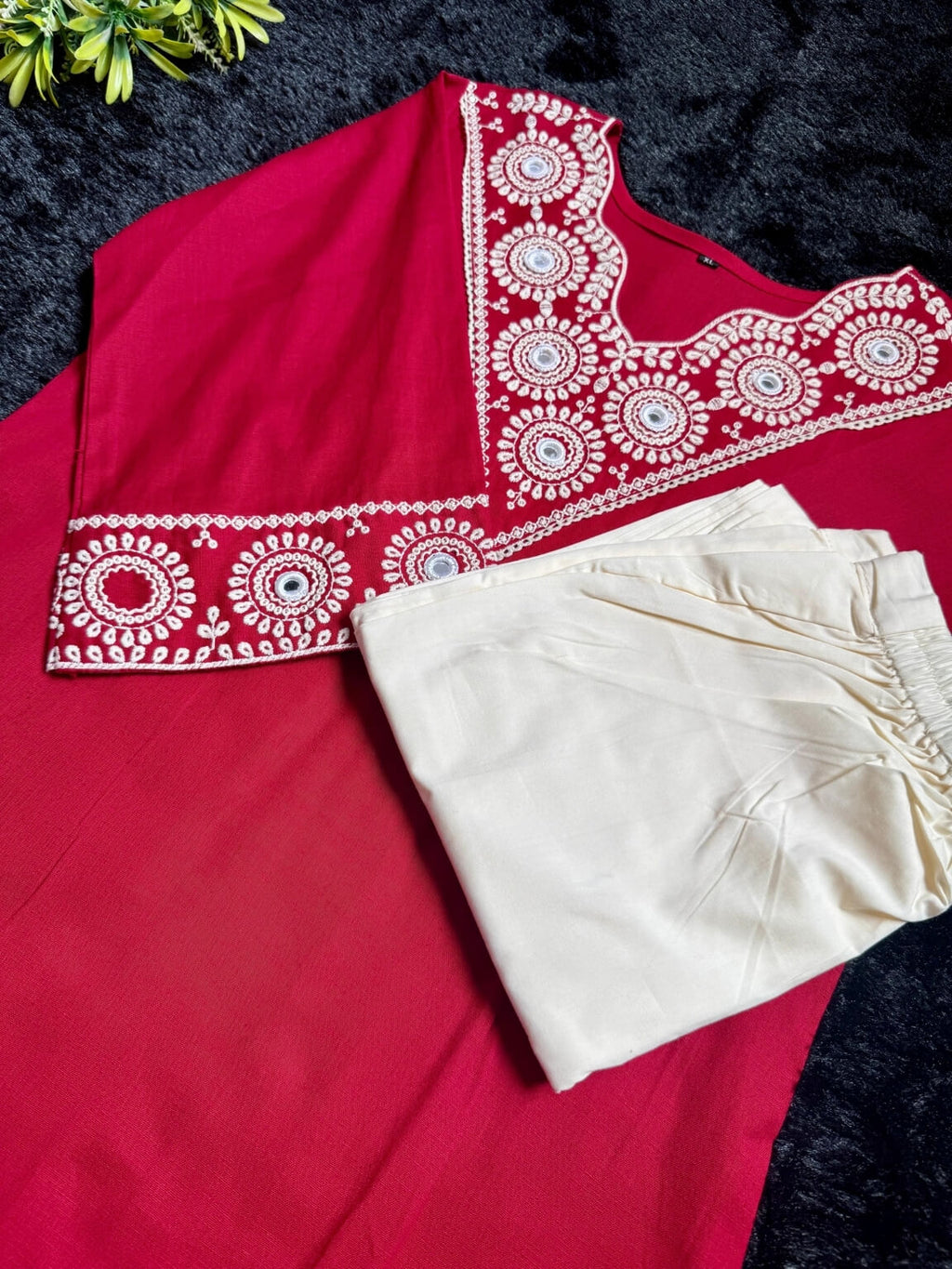 Red Linen Flex Cotton Kurti Set with Embroidery (3-Piece)