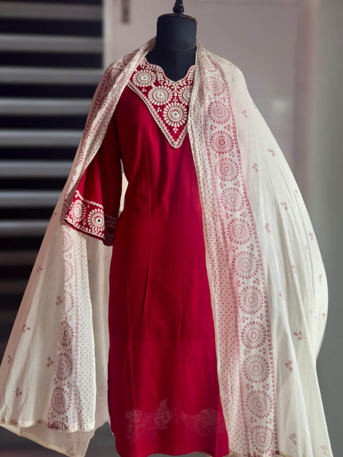 Red Linen Flex Cotton Kurti Set with Embroidery (3-Piece)