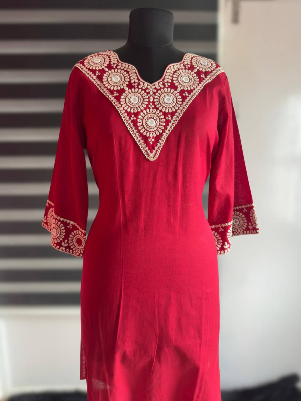 Red Linen Flex Cotton Kurti Set with Embroidery (3-Piece)