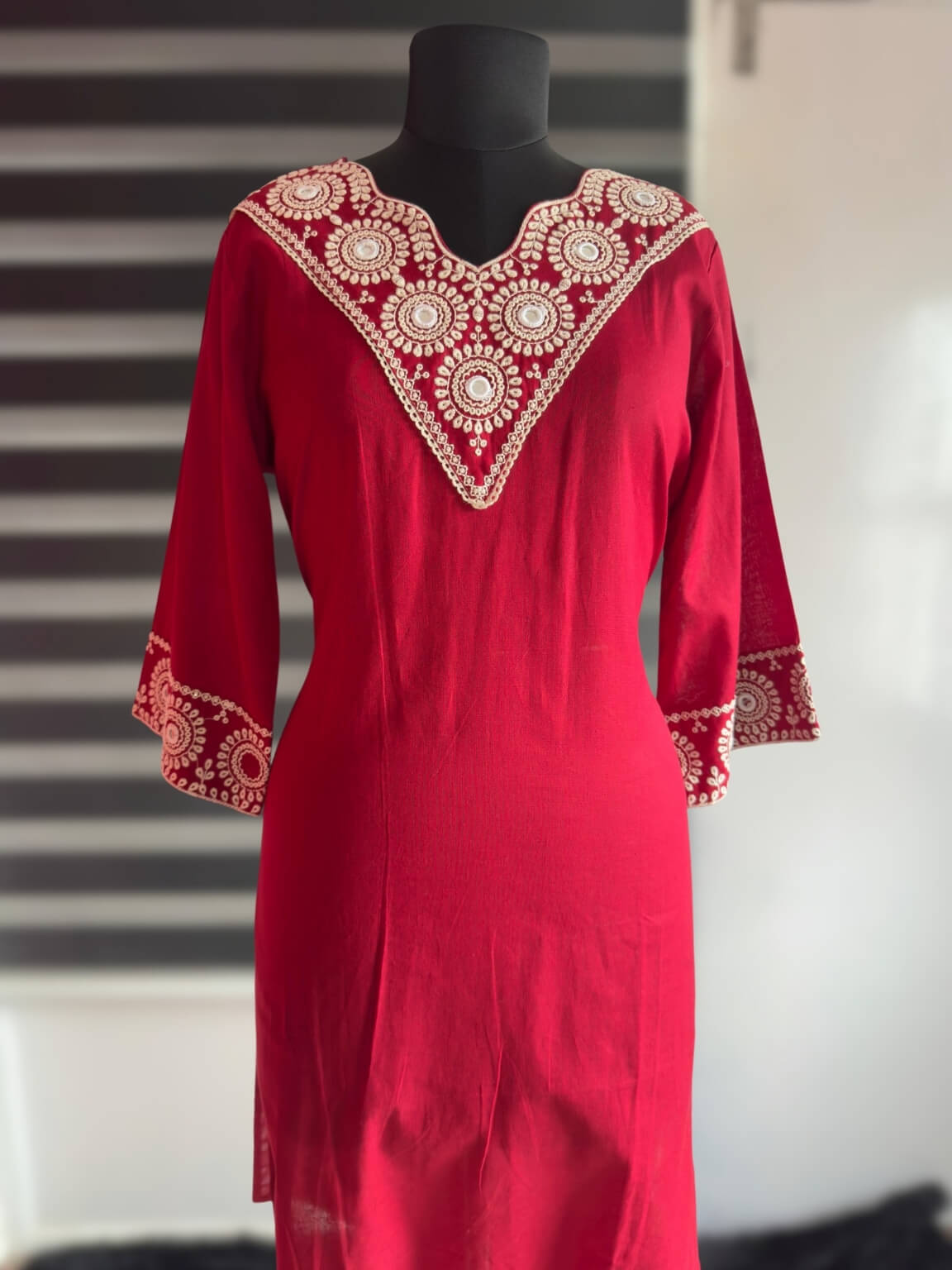 Red Linen Flex Cotton Kurti Set with Embroidery (3-Piece)