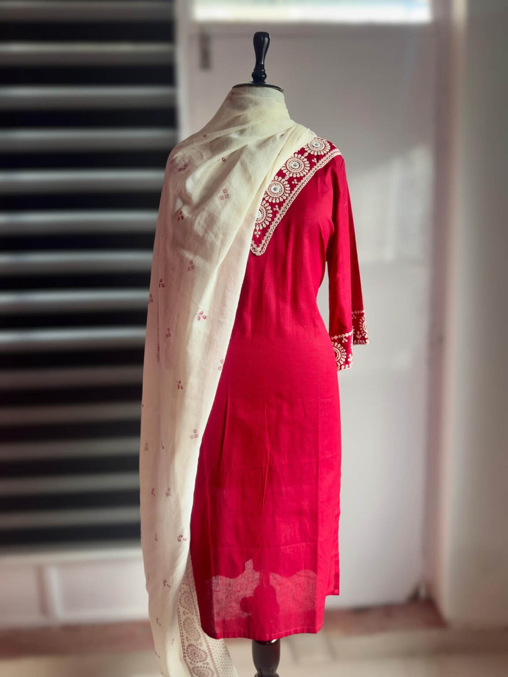 Red Linen Flex Cotton Kurti Set with Embroidery (3-Piece)