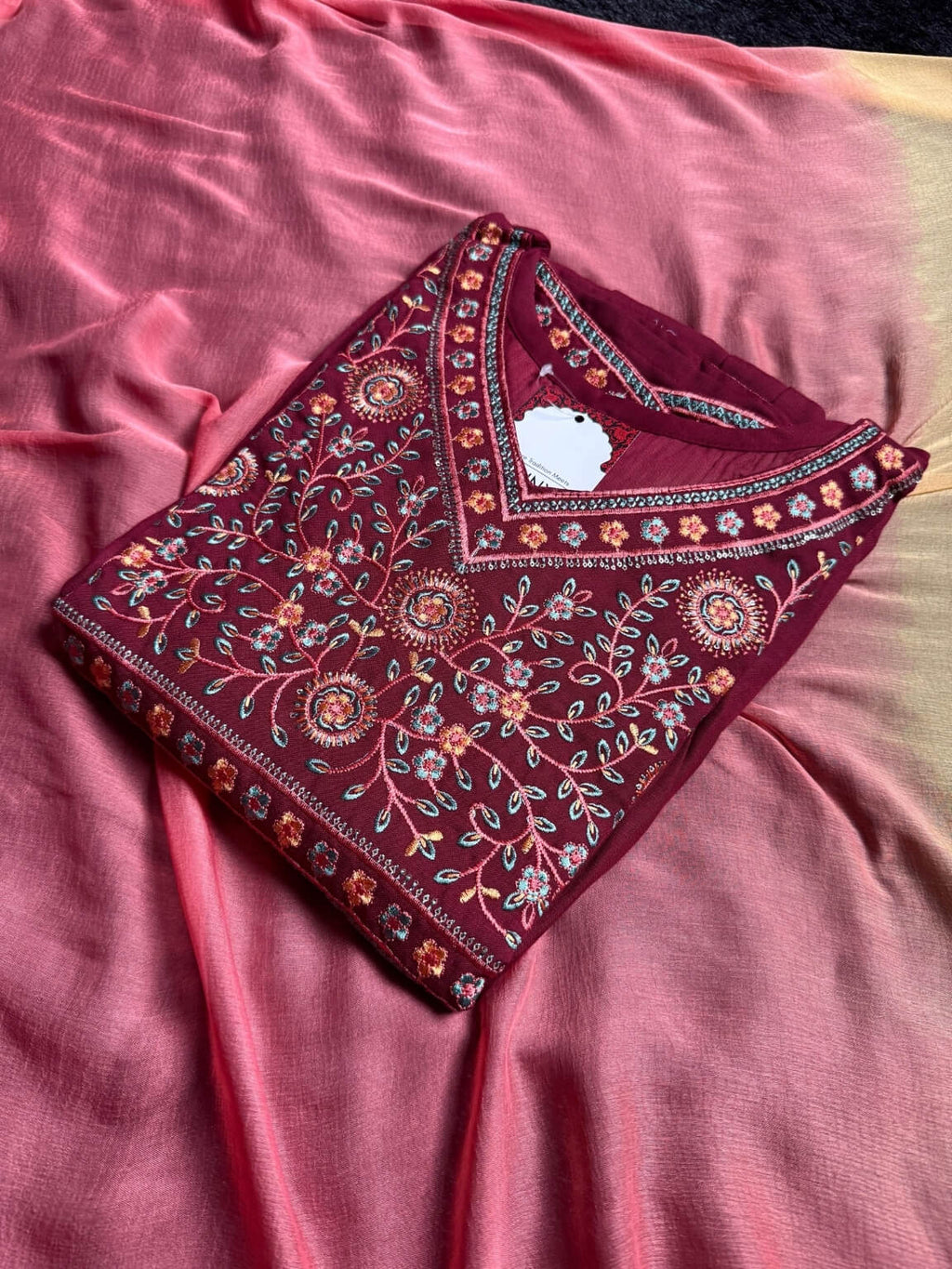 Regal Bloom – Mahogany Cotton 3-Piece Kurti Set