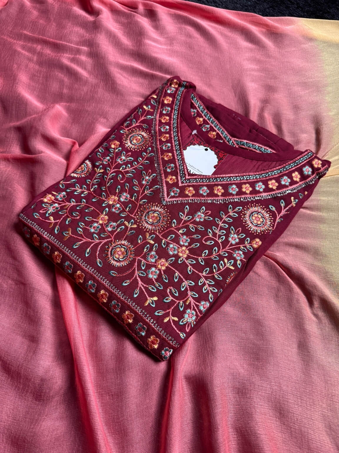 Regal Bloom – Mahogany Cotton 3-Piece Kurti Set