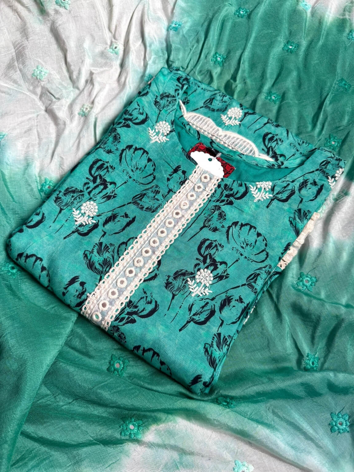 Muted aqua viscose silk kurti set with dupatta – Shunya Ethnic Wear