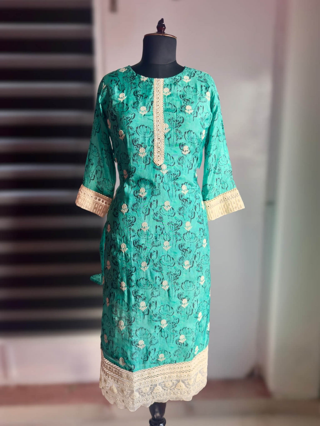 Serene Waves – Muted Aqua Viscose Silk 3-Piece Kurti Set