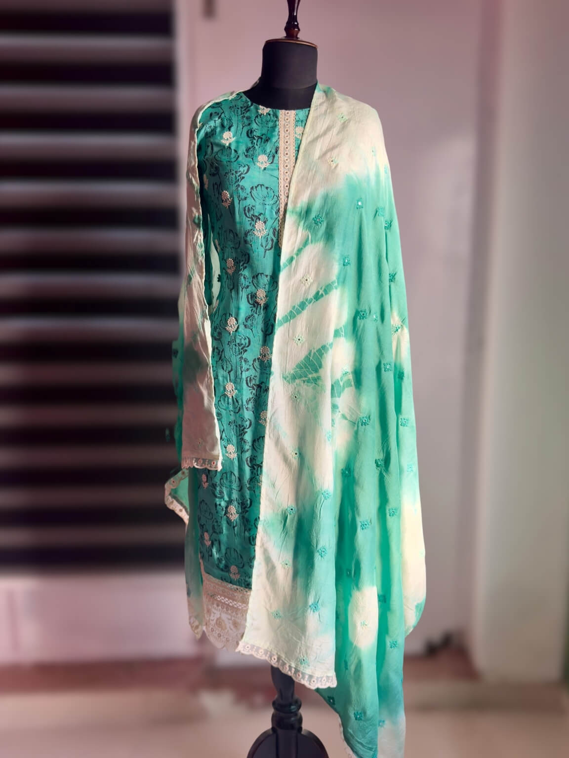 Serene Waves – Muted Aqua Viscose Silk 3-Piece Kurti Set